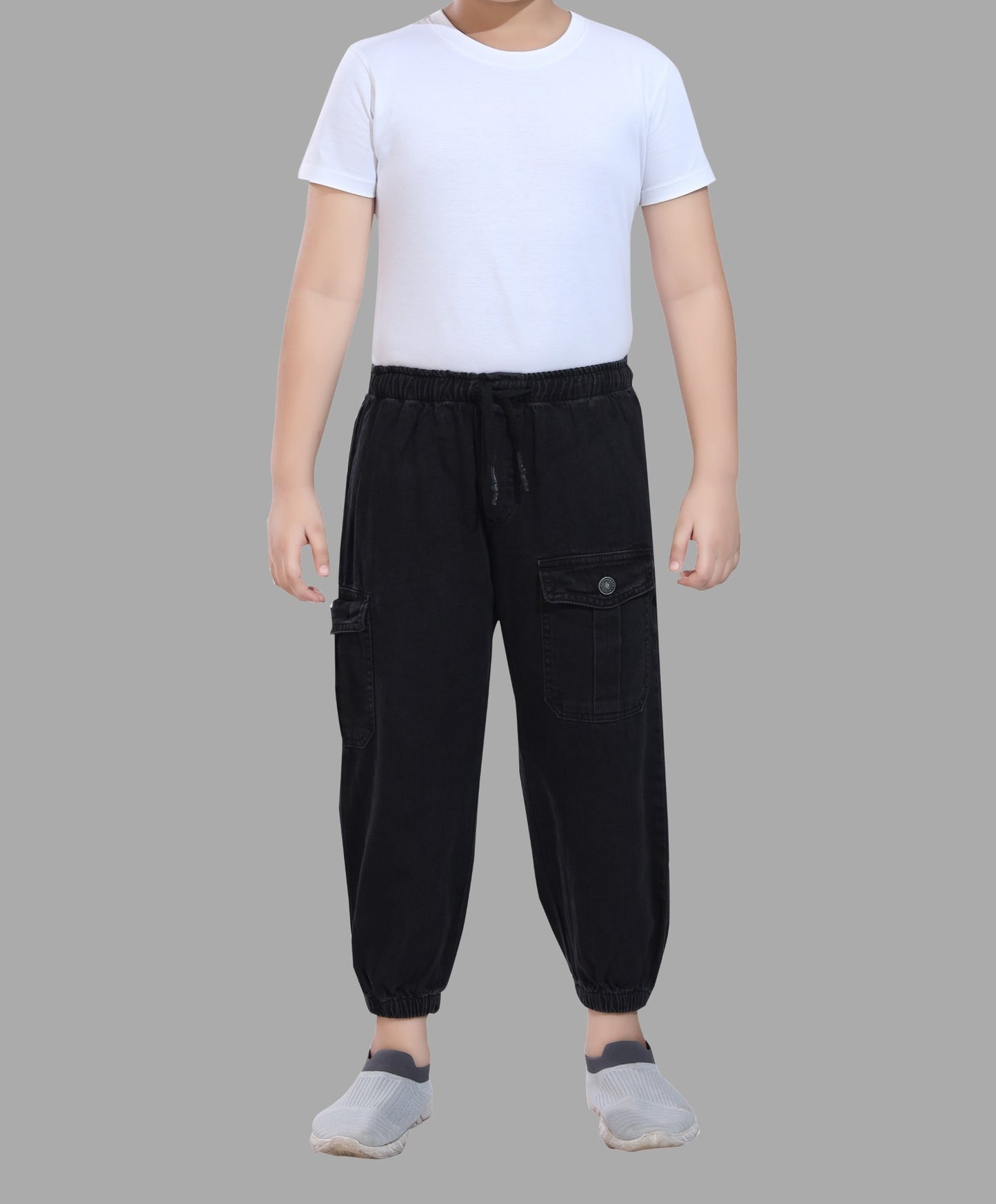 Boy's Joggers Fit Black Denim Jeans 100% Cotton - Comfortable & Stylish with Drawstring Waist 3020