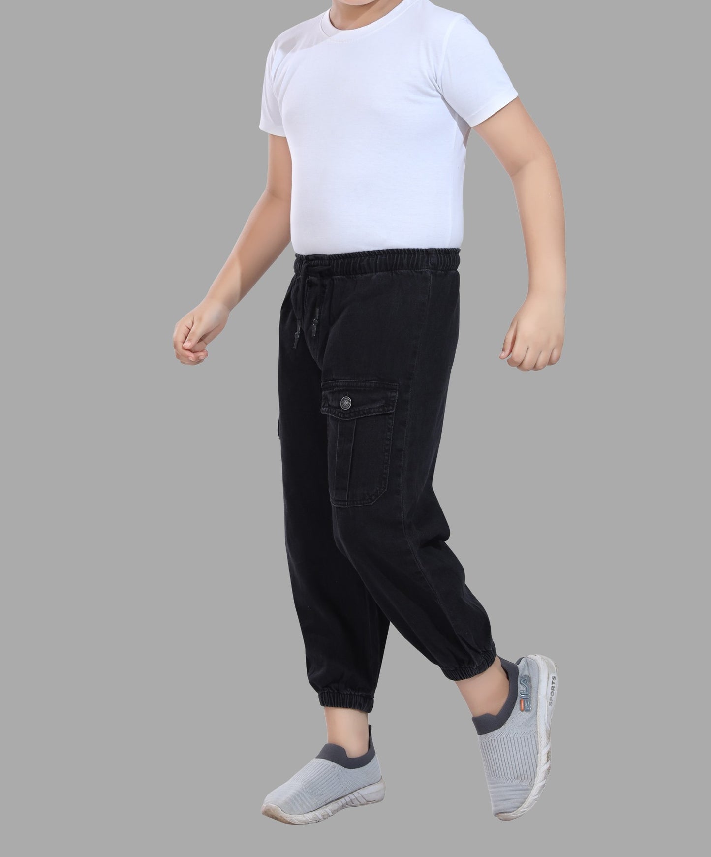 Boy's Joggers Fit Black Denim Jeans 100% Cotton - Comfortable & Stylish with Drawstring Waist 3020